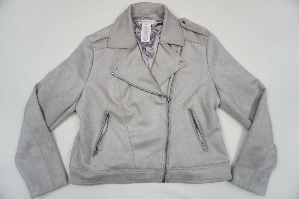 PHILOSOPHY WOMEN L USED TAUPE FAUX SUEDE/FABRIC MOTORCYCLE/MOTO JACKET